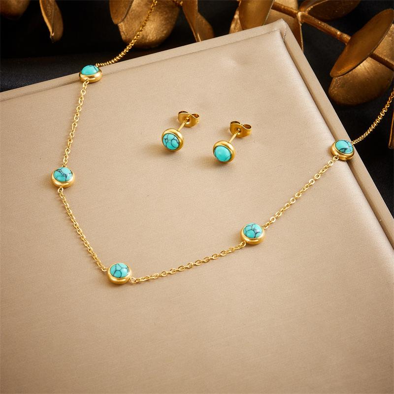 

Gold Turquoise Station Jewelry Set Necklace Earrings синий