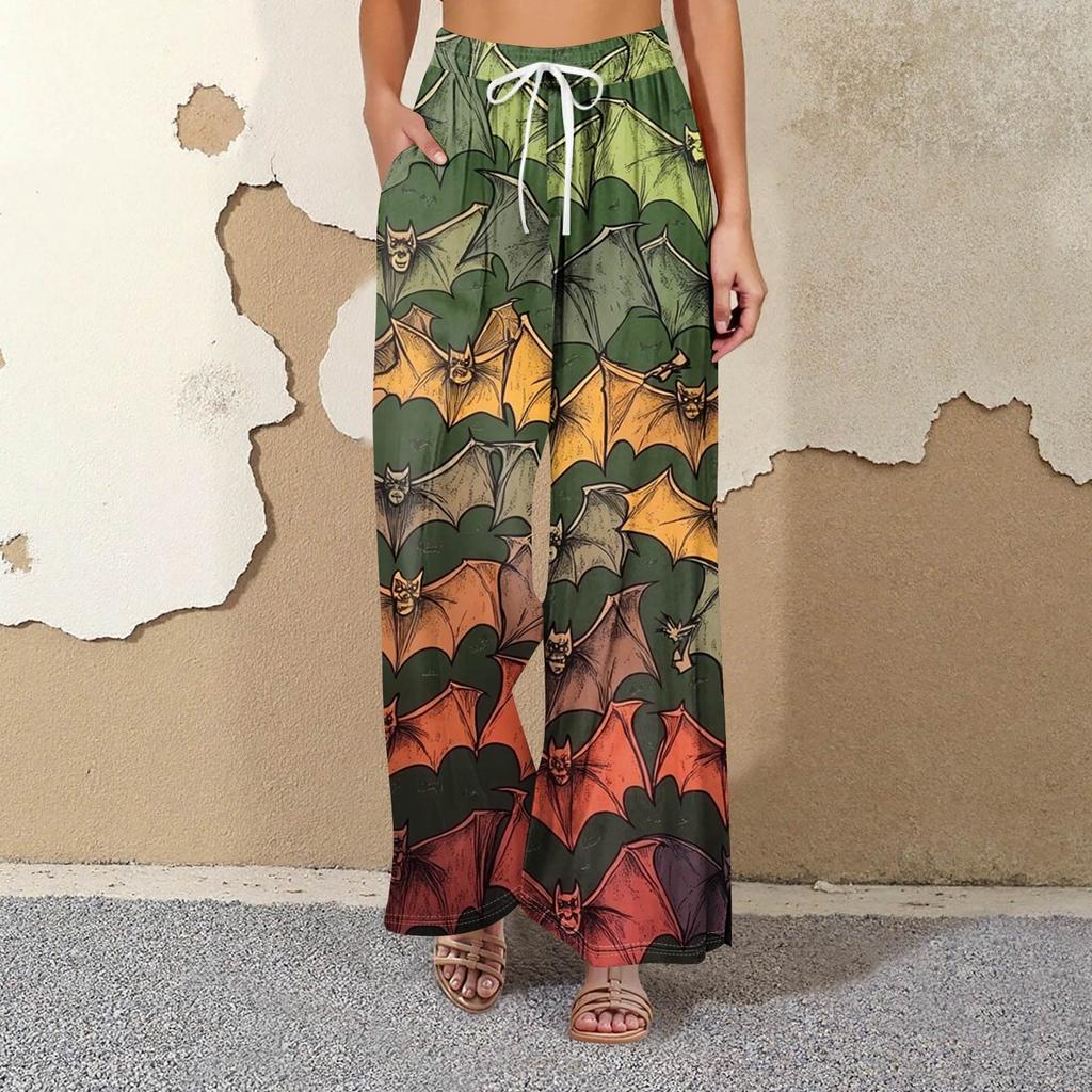 Women's Printed Wide Leg Pants With Pockets High Waist Drawstring Loose Casual Pants