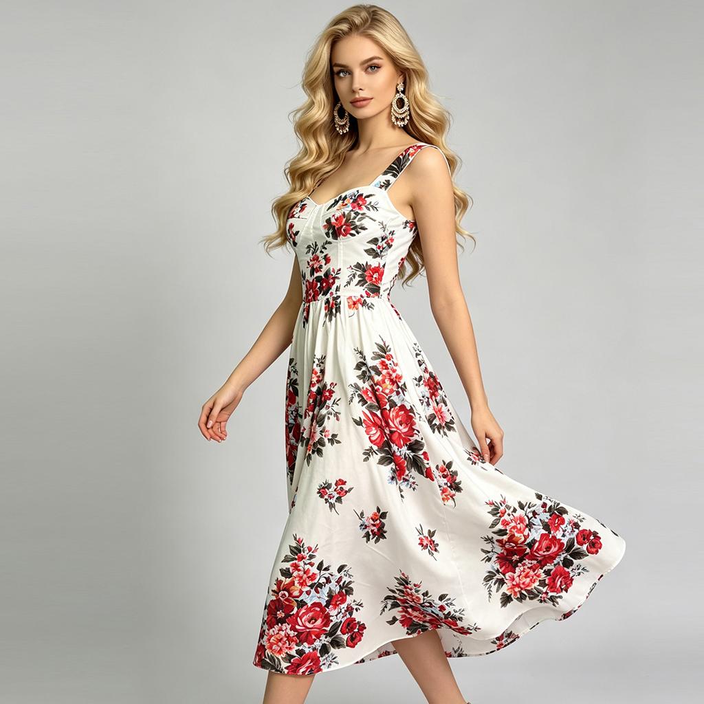 New Summer Holiday Elastic Floral Print Long Dress Women's Spaghetti Strap Cup Padded Backless A-Line Boho Midi Dress