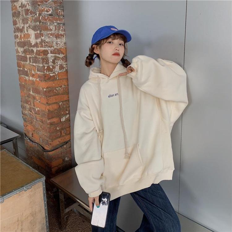Autumn Winter Velvet Hooded Oversized Hoodie Women Loose Top Letter Print for Student Ladies