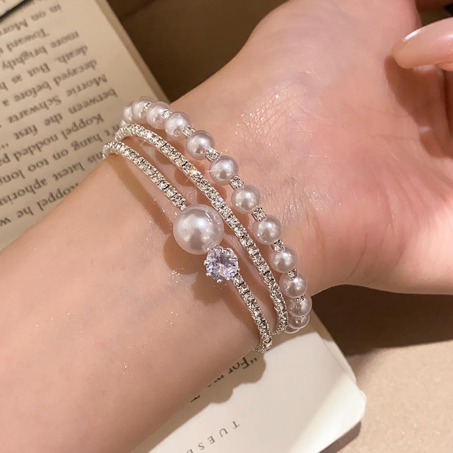 Silver Pearl Rhinestone Layered Open Bangle: Elegant French Retro-Style Bracelet