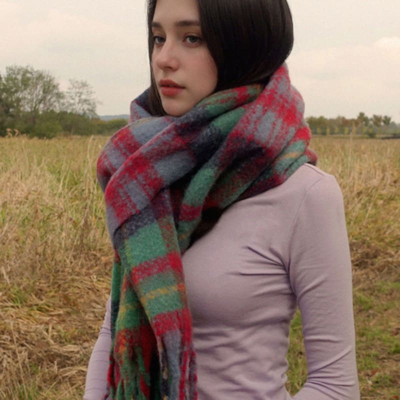 

PREMIERE AMOUR Cozy Check Wool Muffler - Green Green_Free
