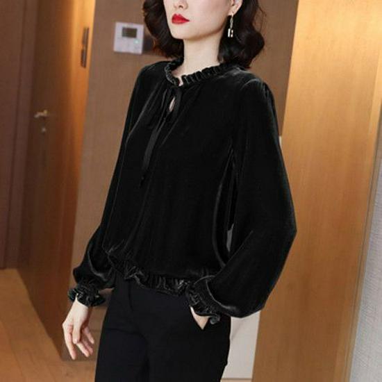 Women's Retro Velvet Loose Long Sleeve Shirt - French Korean Style, Spring 2025