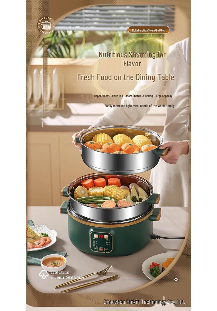 Multi-Function Electric Hot Pot with Timer - Three-Layer Steamer & Cooker, Large Capacity, Automatic Power-Off.