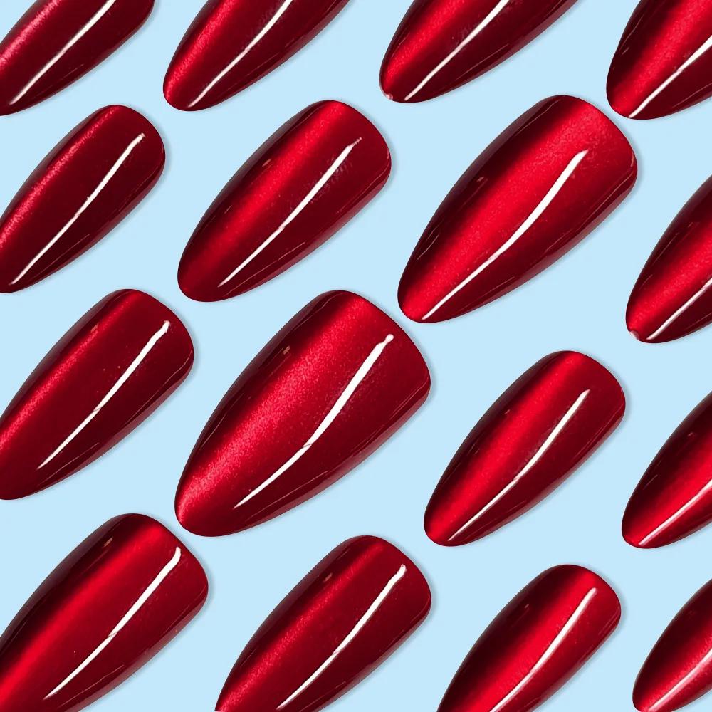 

24Pcs Glossy Red Cat Eye Press On Nails, Almond Full Cover Wearable False Nails for Women United States