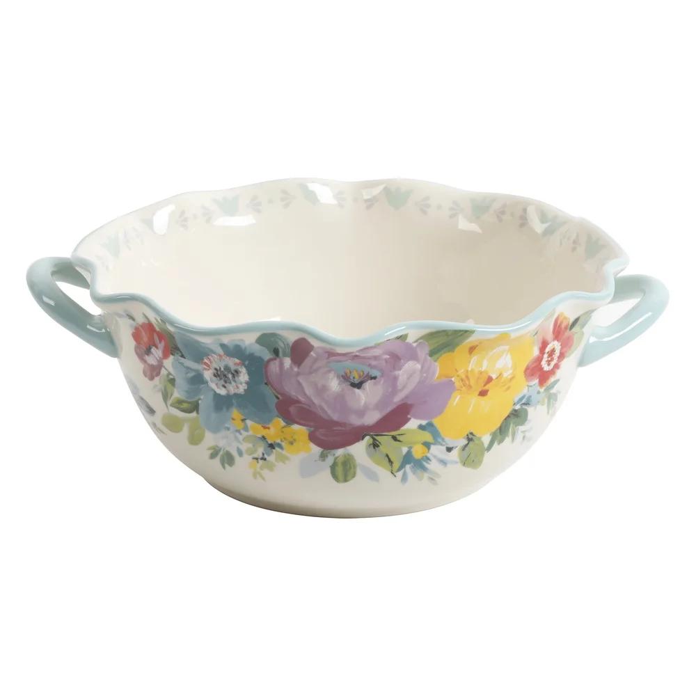 Sweet Romance Blossom Serving Bowl with Handles Scalloped Edge Microwave Dishwasher Safe Large Ceramic Bowl Decorative Kitchen