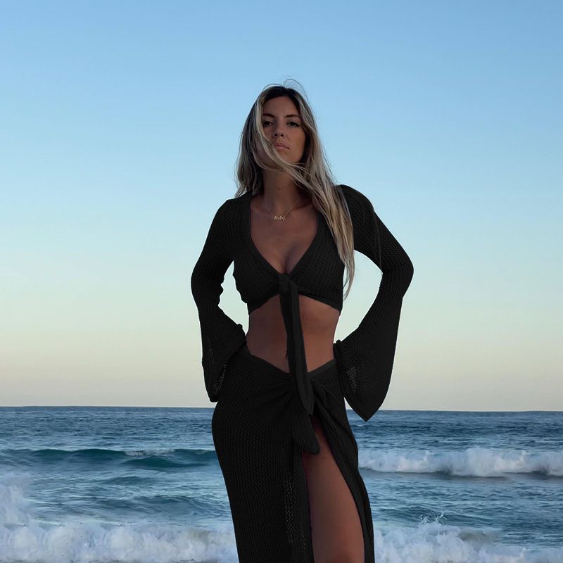 

Knitted Hollow out Set Women clothes Hollow out Long sleeve Knitted Top European and American Beach Skirt sets Black M