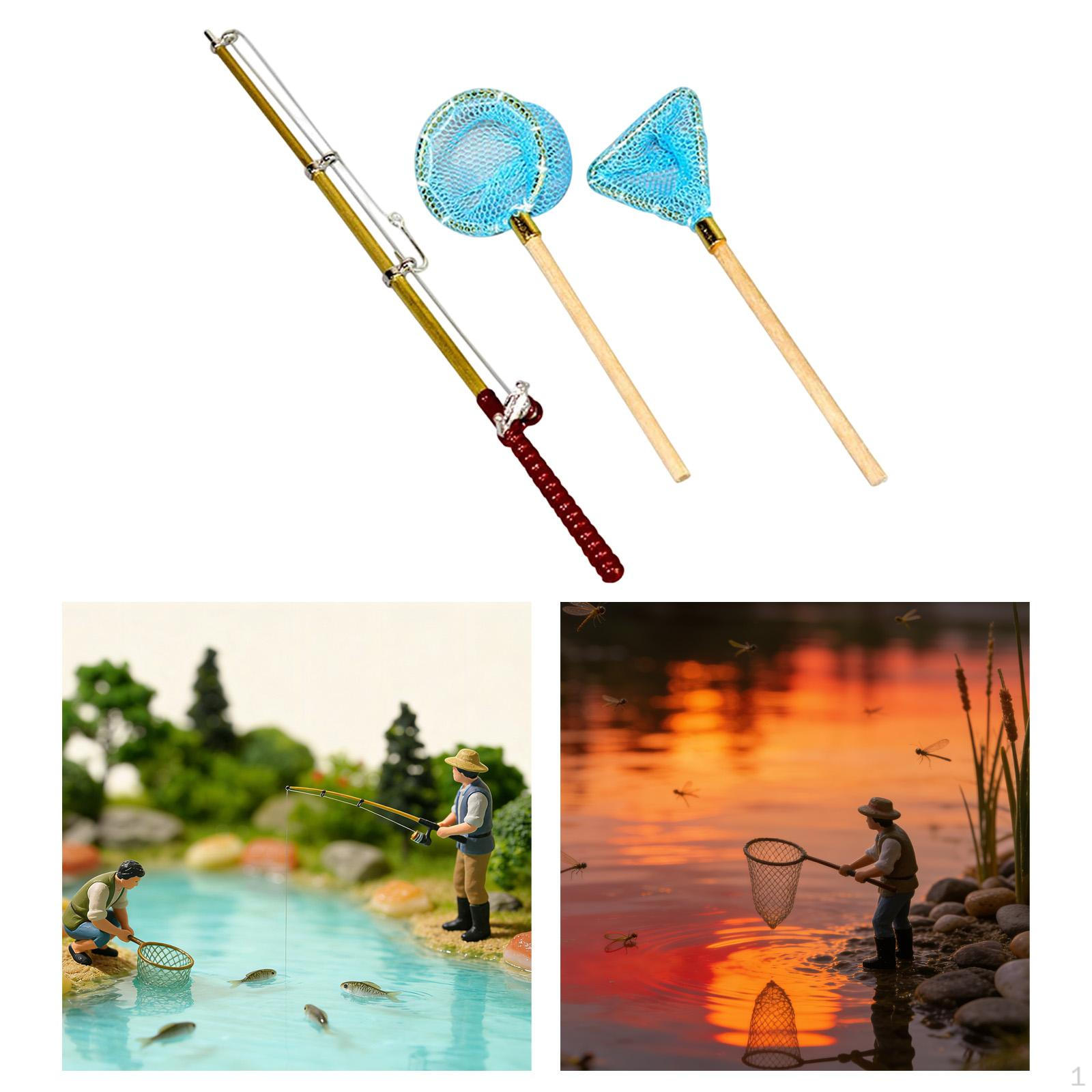 Dollhouse Miniature Fish Rod Fishing Net Set Decoration Accessories Simulation Pole Blue Net