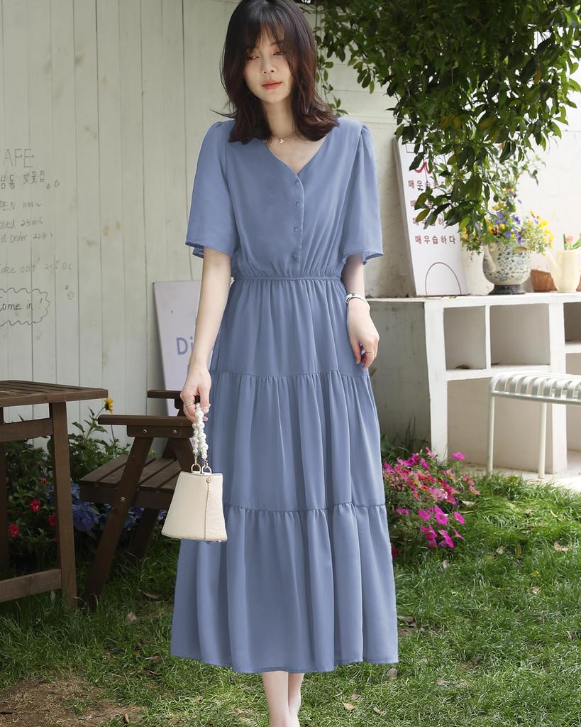 Long Short Flared High Summer [Yino] Women's Dress, Sleeves, Sleeves, V-Neck, Waist, Figure-Flattering, Stylish, Cute, Travel, Casual,