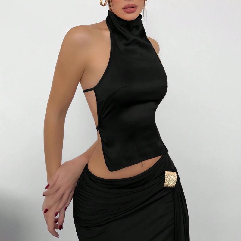 European and American Sexy Backless Hanging Neck Slim Fit Solid Color Off Shoulder Vest