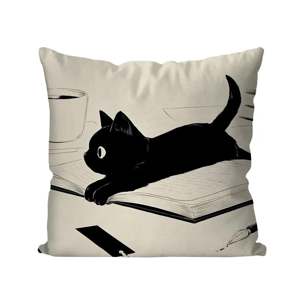 Cute Black Cat Cartoon Peach Skin Cushion Cover Kawaii Kitty Throw Pillowcase for Sofa Living Room Kids Bedroom Decor 40x40cm