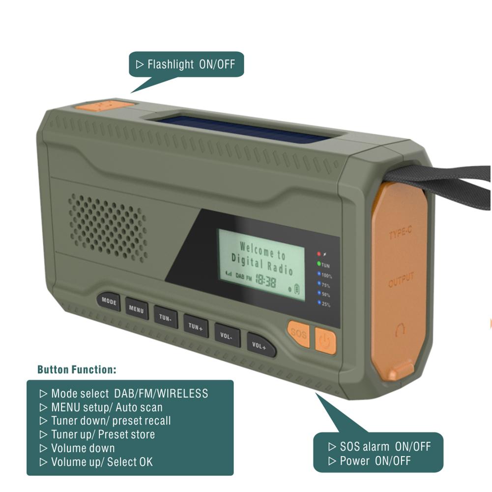 5000mAh Portable Emergency Radio Solar Hand Crank Radio DAB/FM Weather Radio with LED Flashlight Bluetooth 5.0 Speaker Powerbank