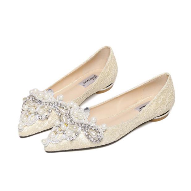 New Crown Pearl Soft Flats Wedding Shoes Pointed Toe Women Dress Moccasins Low Pearl Heel Ladies Fashion Luxury Plus Size 43