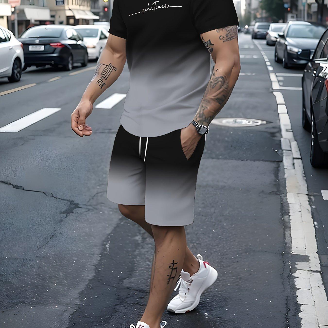 

Мужской комплект из двух предметов с градиентным летним принтом алфавита, мужская футболка с круглым вырезом с короткими рукавами и шорты на шнурке с карманами L