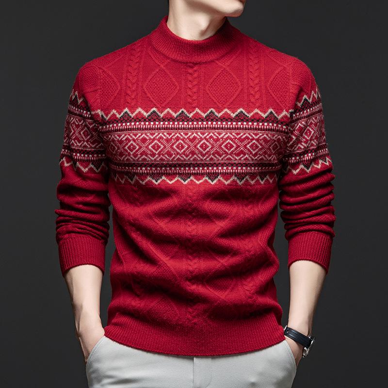 

Men s Winter Retro Jacquard Wool Sweater, Half-High Collar, Thick Korean-Style Knitwear L