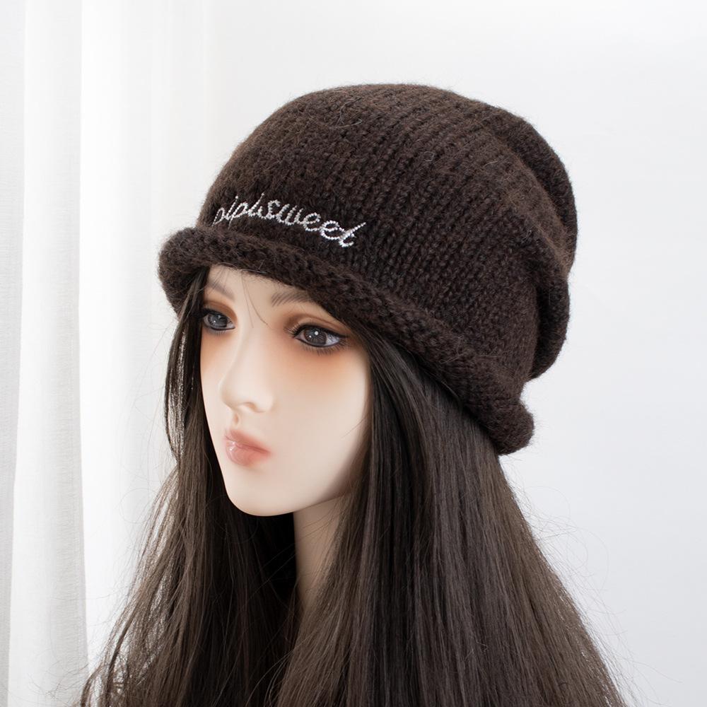 Retro letter embroidery crimped knitted stacking hat women's autumn and winter warm high-end sense fashion trend bag head hat