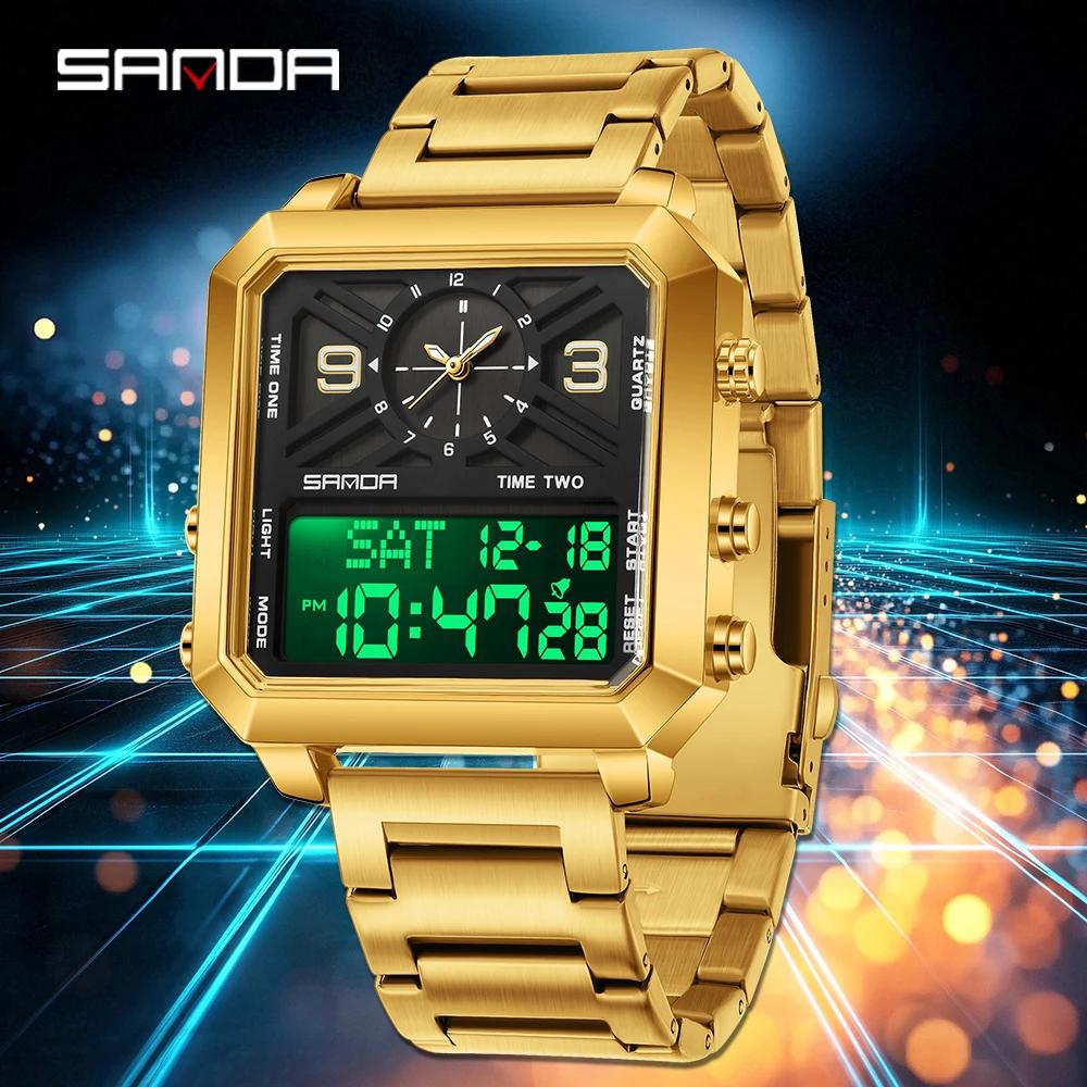 SANDA 6265 Square Dual Display Watch Men's Electronic Quartz Dual Movement 3ATM Waterproof Night Light Sports Business Watch