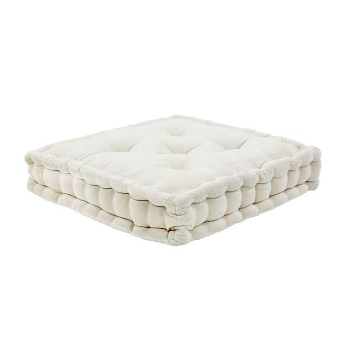 Pouf tapissier en velours de coton uni écru 40x40