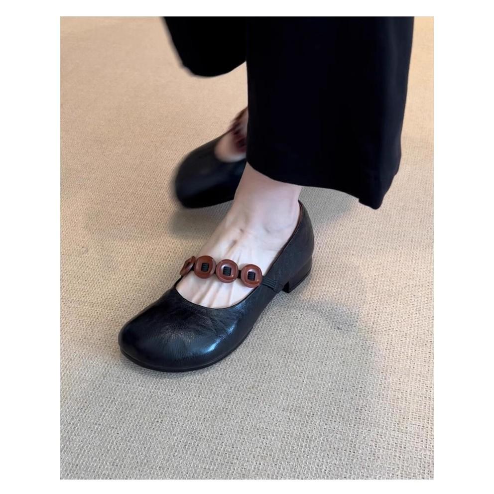 Sheepskin version niche retro round head thick heel single shoes women's versatile button elastic band light mouth soft leather Mary Jane shoes