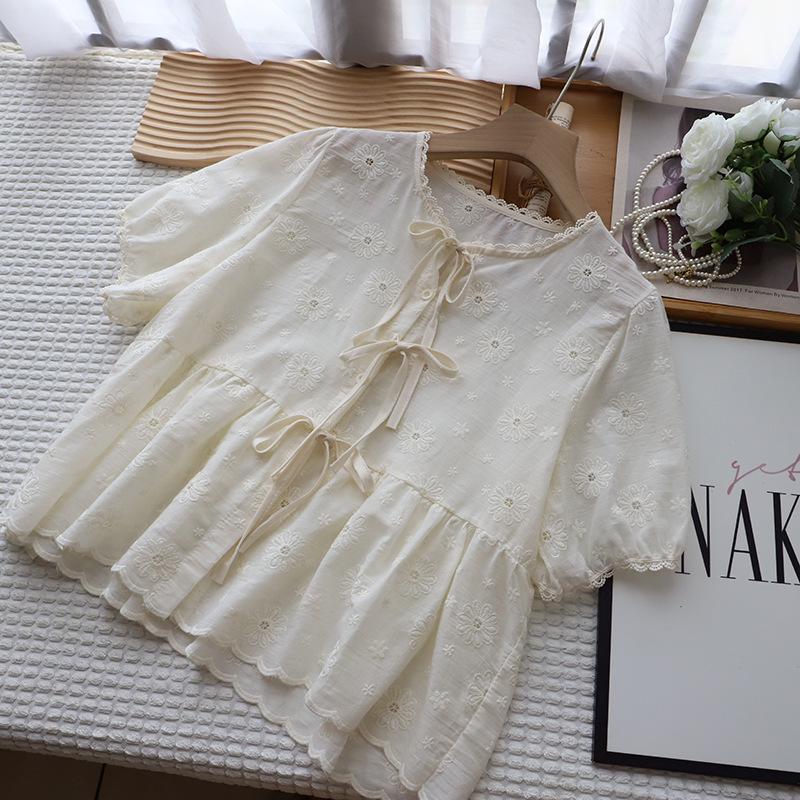 Bi Zheng 2025 Hollow Lace Puff Sleeve Embroidered Shirt for Women