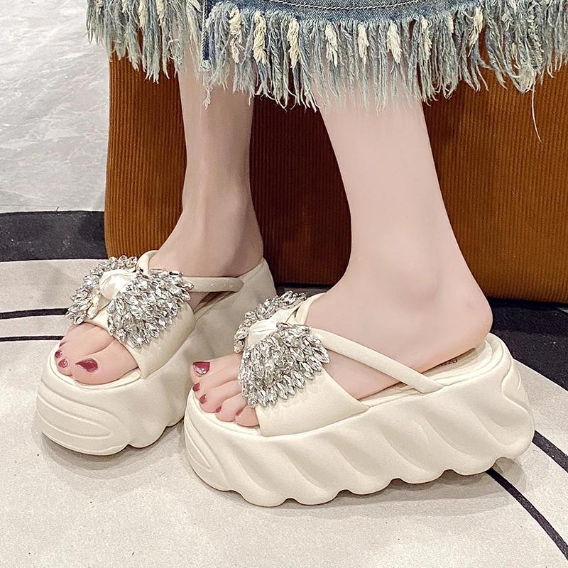 8.5CM Women Summer High Platform Sandals Glitter Slides Crystal Butterfly-knot Shoes Woman Pantofle Soft Beach Slides Zapatos