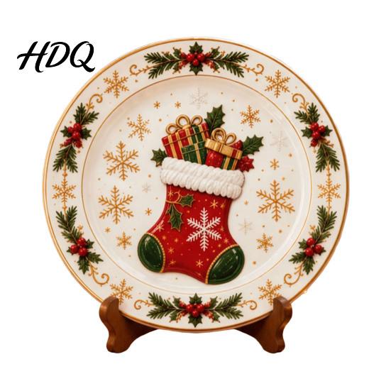 Winter Holiday Plate Wooden Christmas Round Plate Santa Snowman Stocking Tree Bell Sleigh Dish Table Centerpiece Decor Xmas Tabletop Ornament