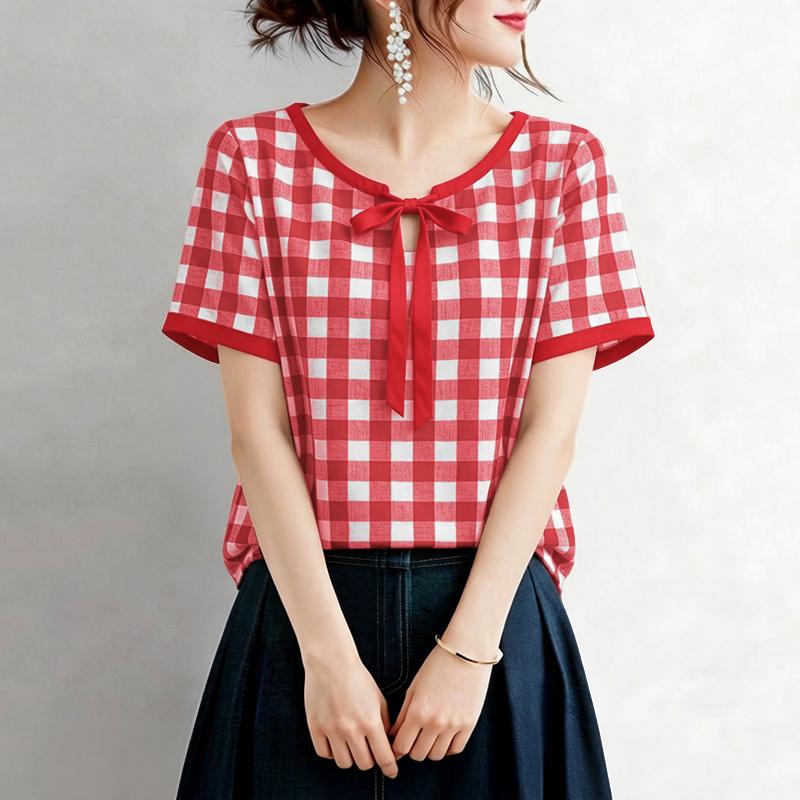 ZANZEA Women Bow Collar Casual Short Sleeve Plaid Print Blouse