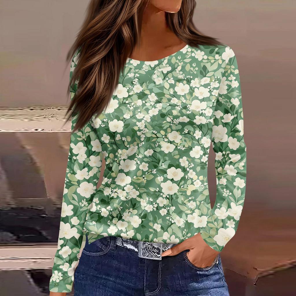 Women's Fashion Casual Slit Hem Round Neck Long Sleeve Loose Printed T-Shirt Ladies Top