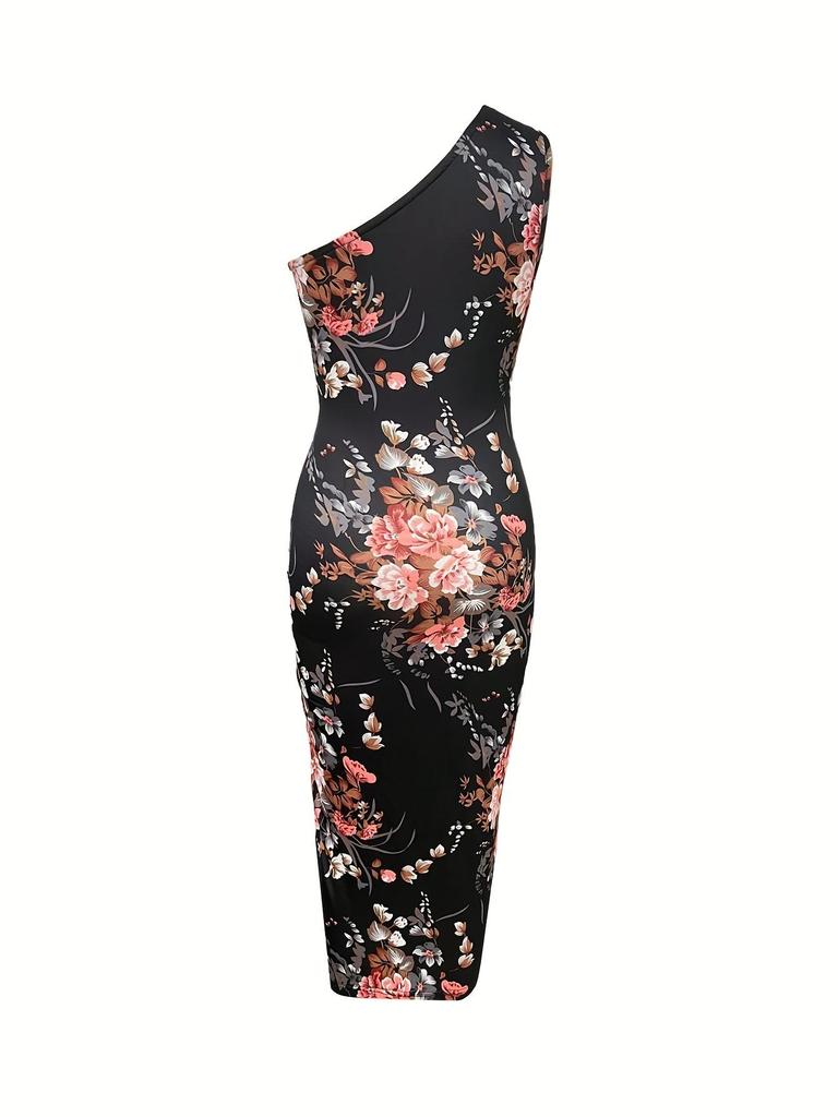 European & American Summer 2025 One-Shoulder Printed Bodycon Dress with High Slit