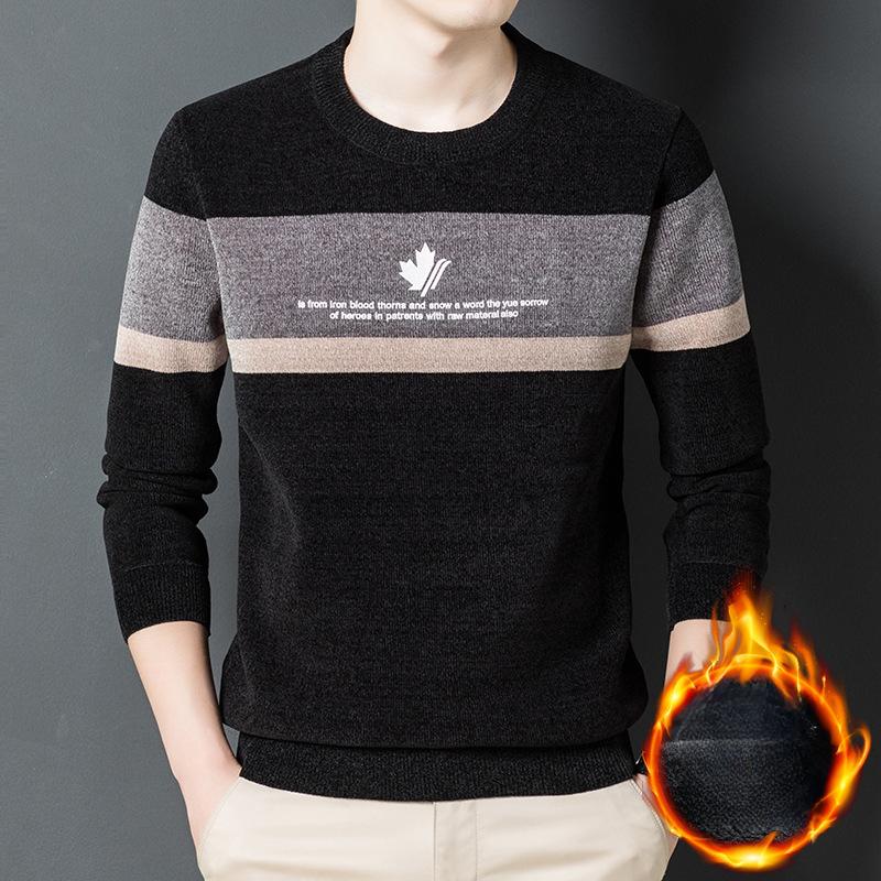

Мужской полосатый свитер из синели, осень и зима, новый бархатный утолщенный теплый свитер с круглым вырезом, трикотажная рубашка для мужчин 3XL