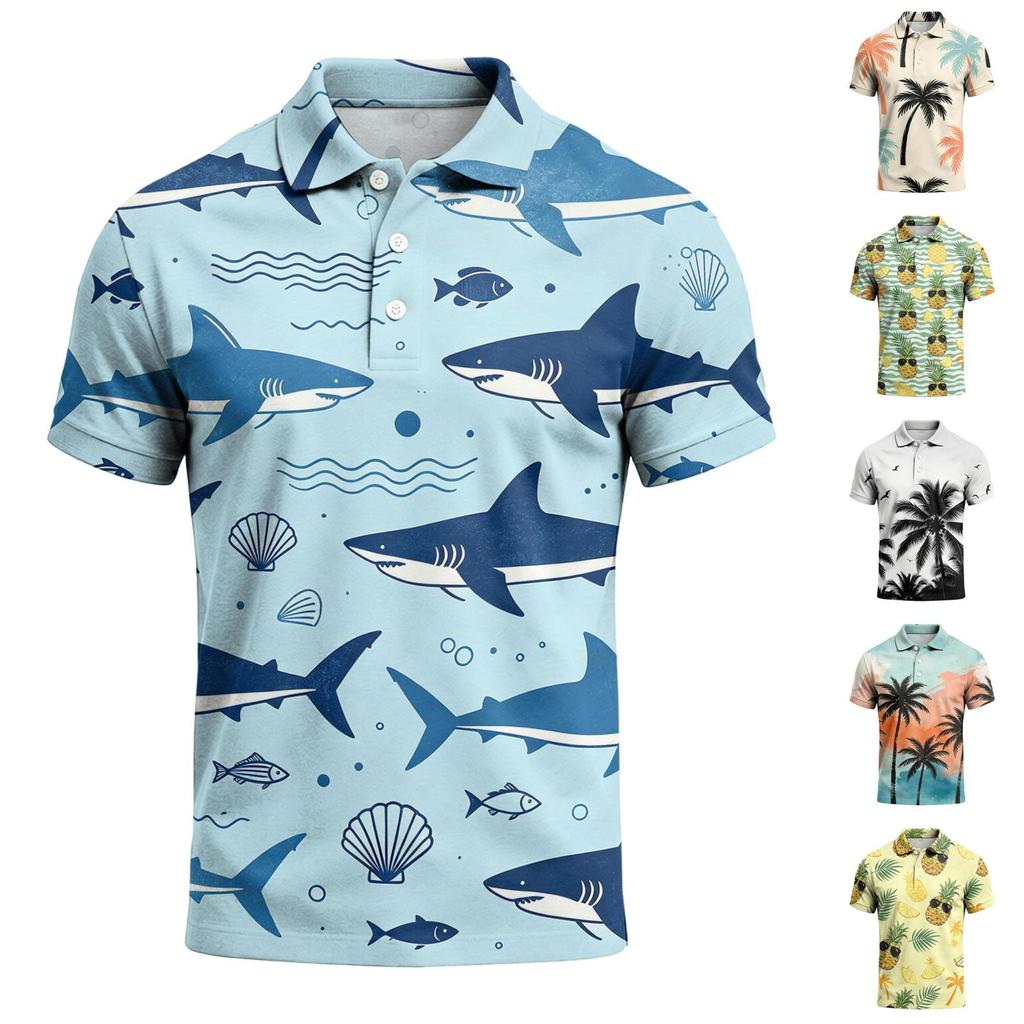 Men's Summer Hawaiian Style Printed Polo Shirt Loose Fit Casual Vacation Short Sleeve Top with Button Down Collar