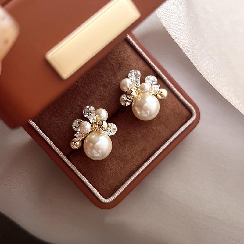 Gold-Plated Silver Zircon Flower Pearl Stud Earrings - French Retro Style for Women