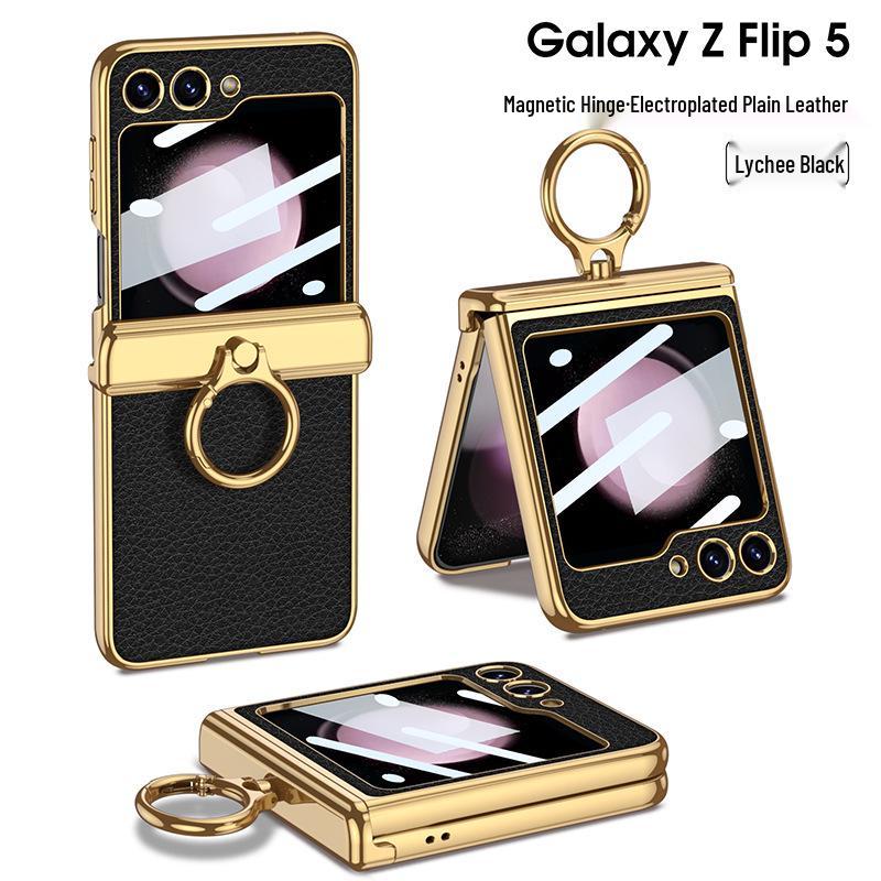 

ZFlip5 Magnetic Hinge Leather Ring Case - Foldable Screen, Creative & Simple Design Samsung Galaxy Z Flip5