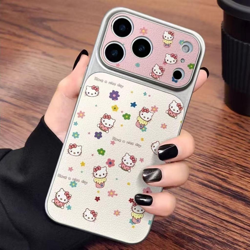 Hello Kitty Floral Full-Coverage Phone Case for Apple 17 Pro Max with Silver Frame and Corning Shell