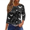 Womens Casual Loose Fit Halloween Print T Shirt Round Neck Three Quarter Sleeve Blouse Comfortable Everyday Wear