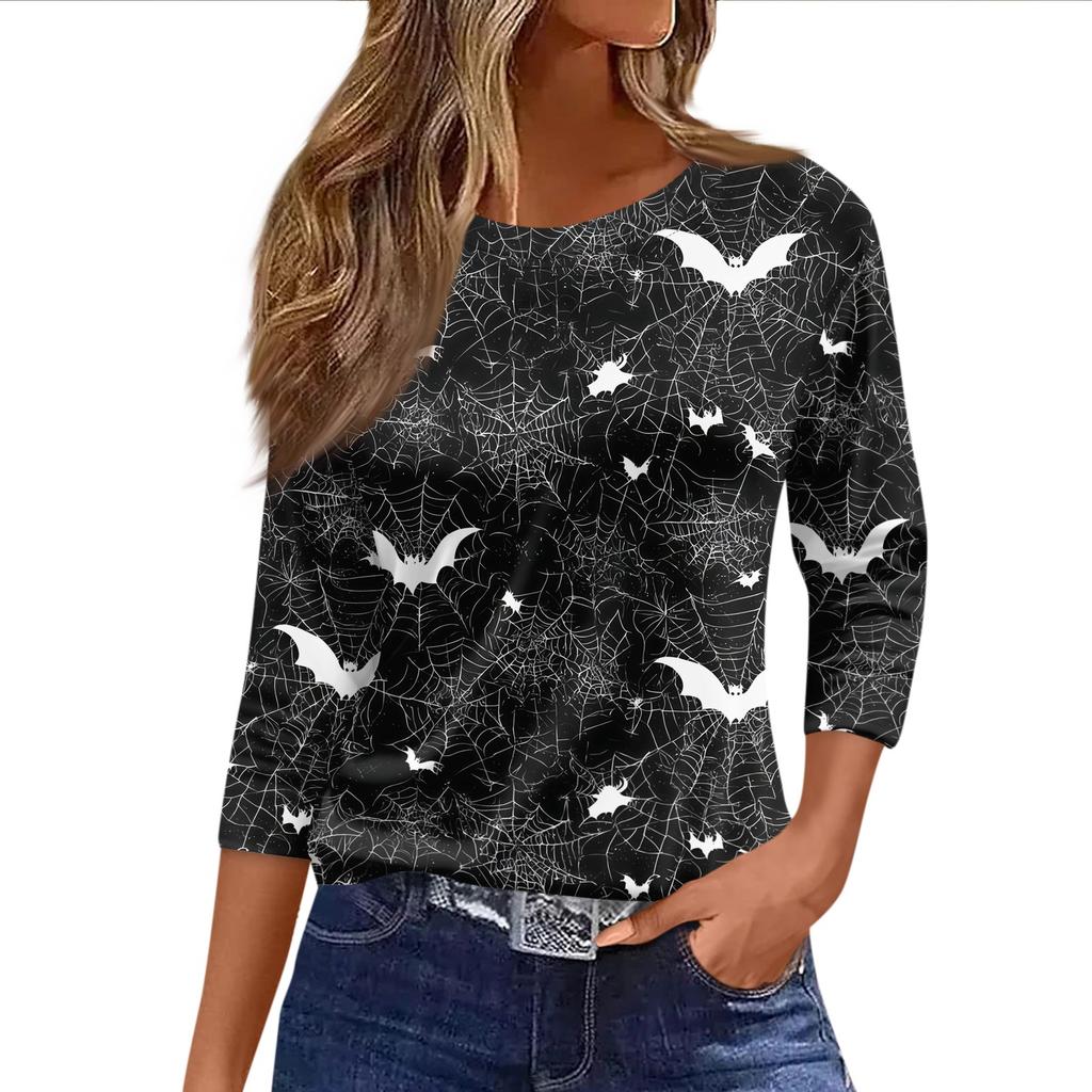 Womens Casual Loose Fit Halloween Print T Shirt Round Neck Three Quarter Sleeve Blouse Comfortable Everyday Wear