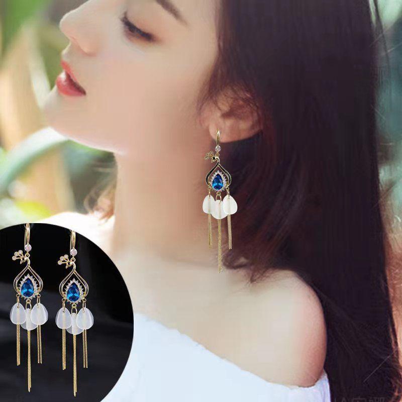Internet Celebrity Explosion New Phoenix Crystal Petal Earrings Long Tassel Thin Face Earrings