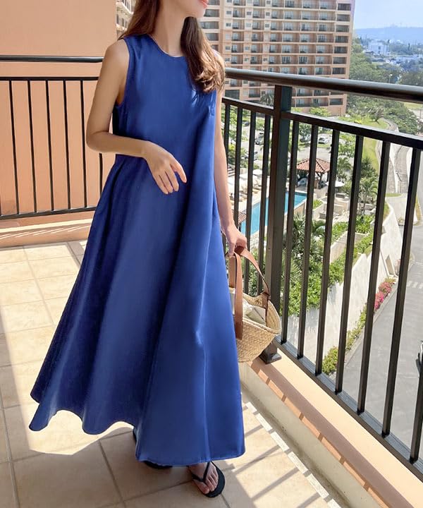 Kobe Lettuce Size Blue Women's Wrinkle-Resistant A-Line Dress, Summer, Stylish, Cute, Travel, M, [E3264]