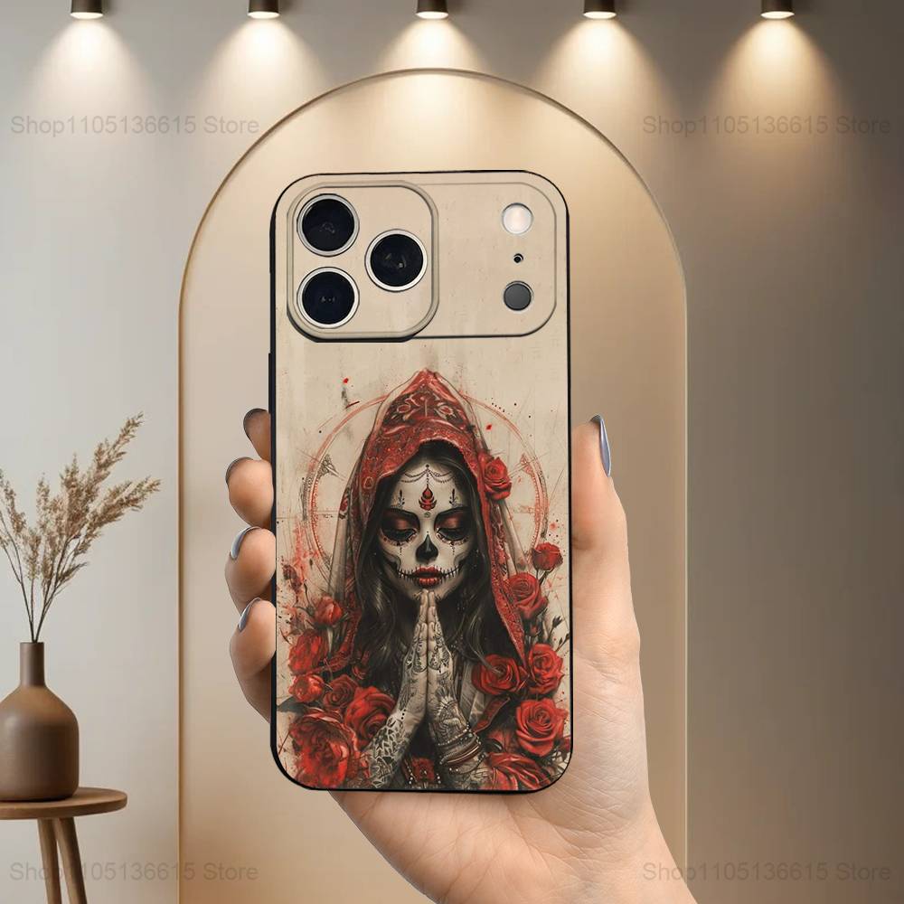 Catrina Skull Girl Mexican Case For iPhone 12,14,15,16,17,13,11,X,Mini,Plus,Pro Max,8,7,XR,SE,XS,Soft Silicone Black
