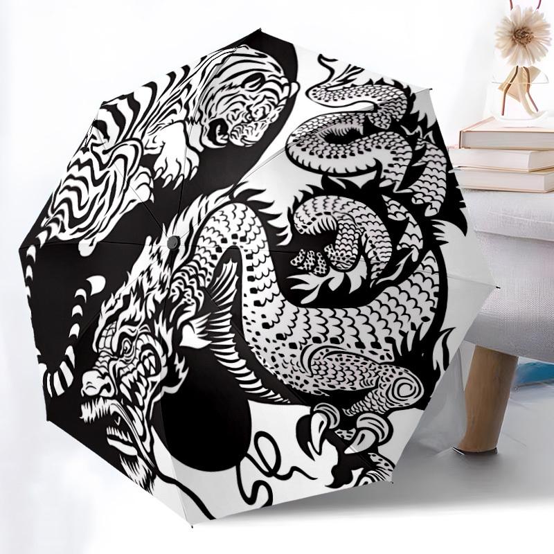 1pc Tiger Dragon YinYang Automatic Open/close, Heavy-Duty Iron Frame & 8-Rib Structure, Compact Folding Umbrella for Women/Men, All-Season Travel, Hal