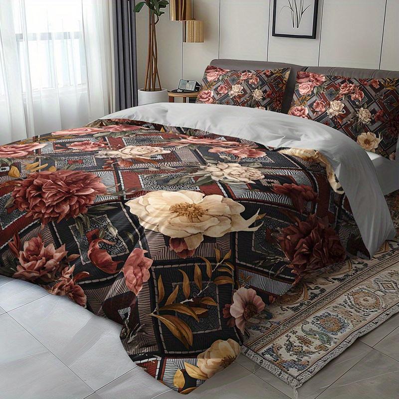 Conjunto de Capa de Edredom Boho Floral 3 Peças Roupa de Cama Geométrica Rosa Conjunto de Colcha Roupa de Cama com Tema Floral Vintage Luxo
