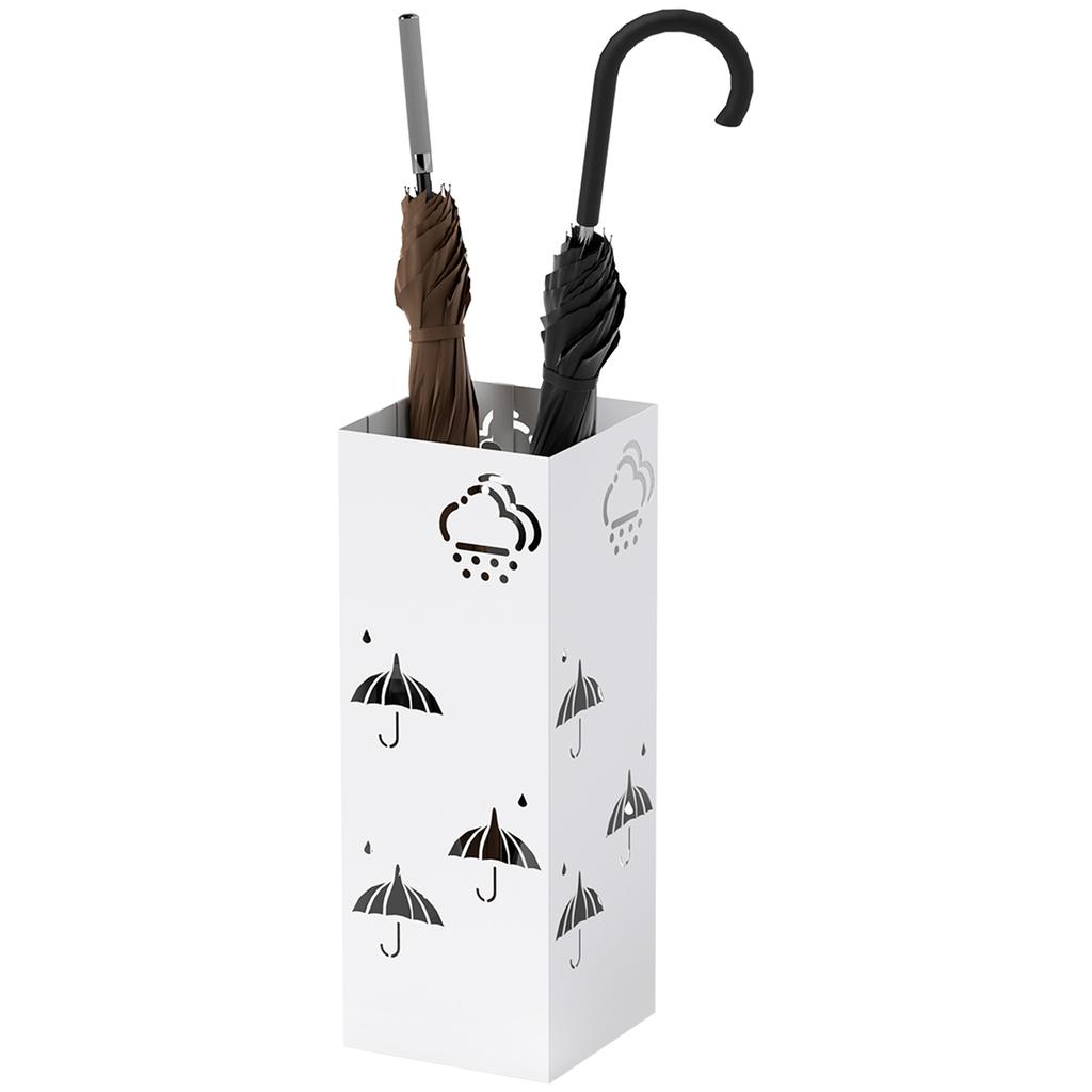 Steel Umbrella Stand With Drip Tray Hooks For Folding Umbrellas And Decorative Design 15.5x15.5x41 Cm White