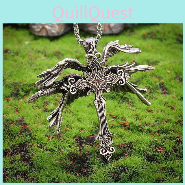 Six Wing Gorgeous Angel Cross Necklace Trendy Geometric Pendant With Durable Material Alloy
