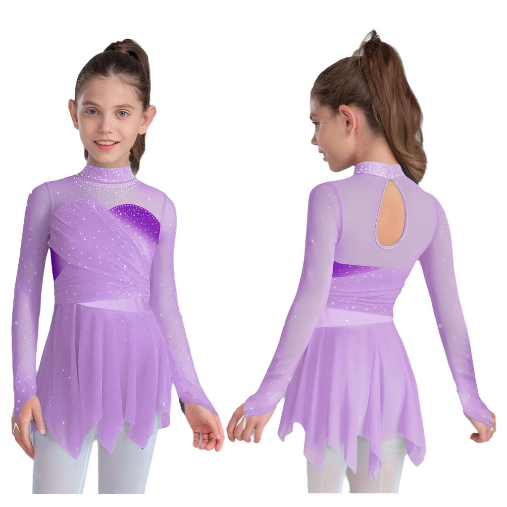 Dětské Dívčí Lyrické Krasobruslařské Šaty s Límcem Ke Krku Dlouhými Rukávy Třpytivými Kamínky Nepravidelným Spodním Lemem Nabírané Síťované Šaty Taneční Oblečení
