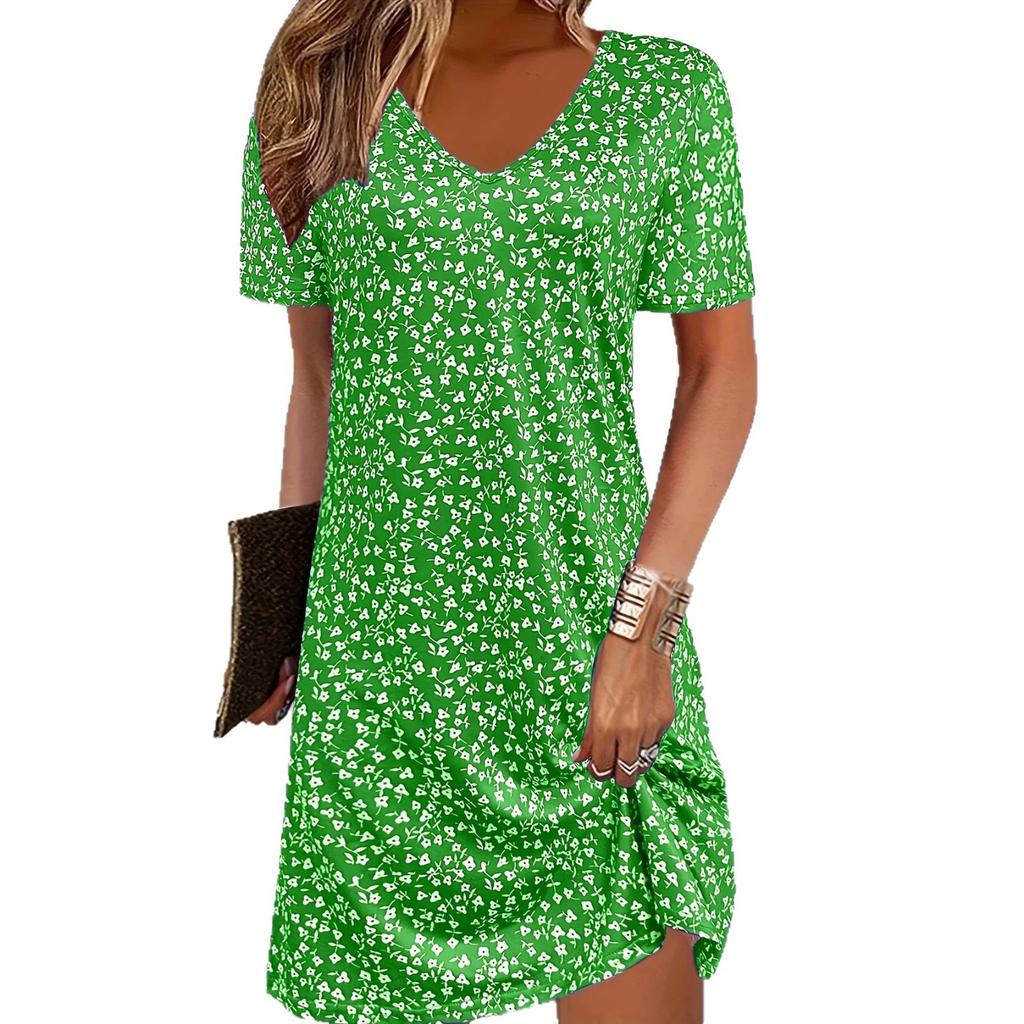 Summer new European and American V-neck floral short-sleeved dress casual vacation style women's clothing