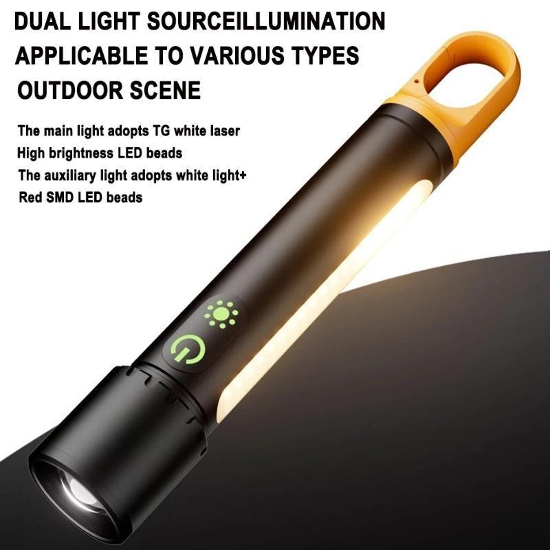 Type-C Rechargeable Multifunctional Outdoor Telescopic Zoom Flashlight Multifunctional Dual Light Source with Side Lamp