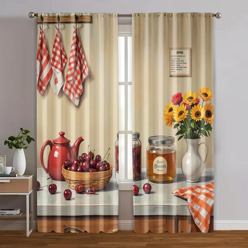 2pcs   Contemporary Curtains  print Kitchenware Painting Durable 100% Polyester Fabric (without rod) Versatile All Use for