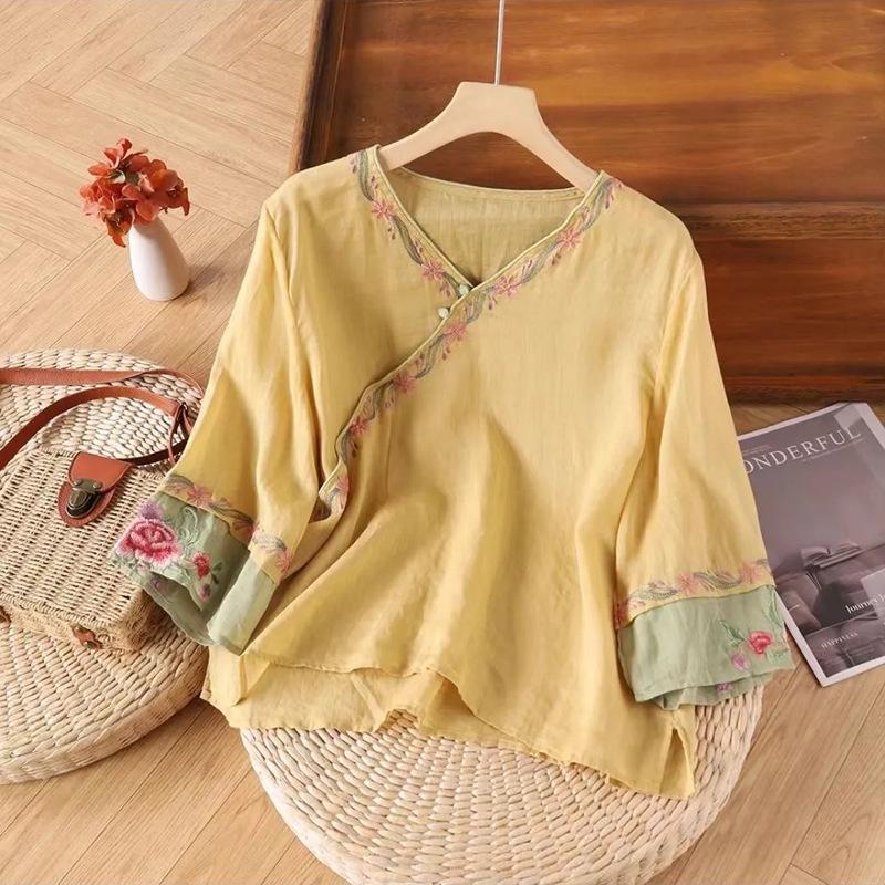 Women's Ethnic Retro Cotton Linen Embroidered Short Sleeve Top with Frog Button
