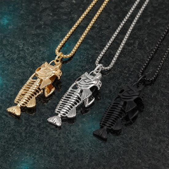Fish Bone Necklace, Punk Street Style Hollow Fish Skeleton Pendant Design, Durable Alloy Chain for Women And Girls