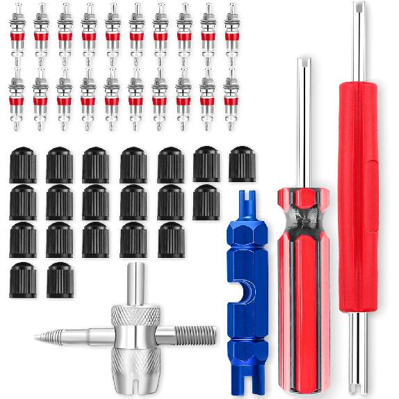 Tire Valve Stem and Valve Core Removal Tool Set, 44 pcs | Includes 20 Tire Valve Caps, 20 Valve Cores, and a Four-Way Valve Tool,Suitable For All